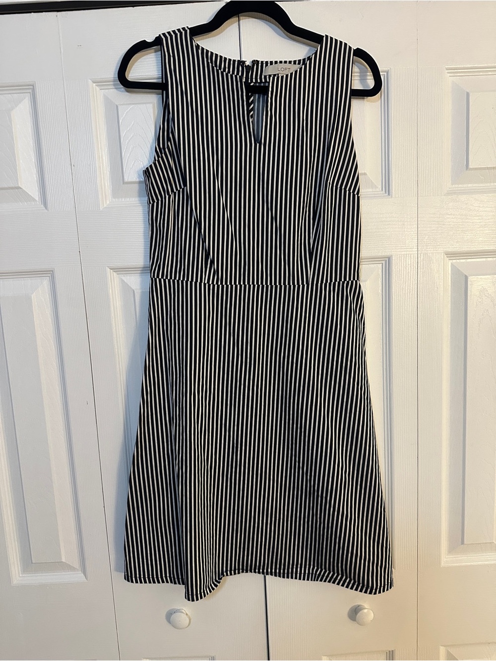 LOFT Black and White Vertical Stripe Sleeveless Mini Dress